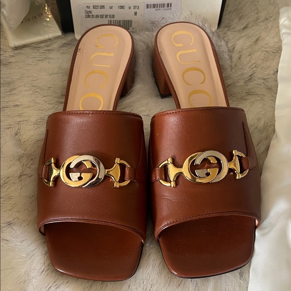 Gucci Brown Leather Slide Sandals with Gold Horsebit